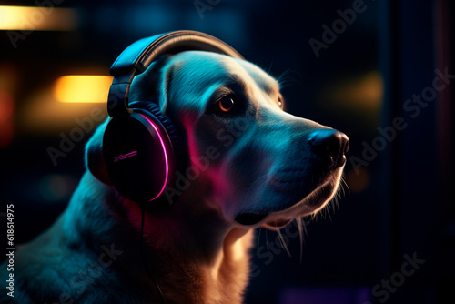 Dog with headphones. Generative AI