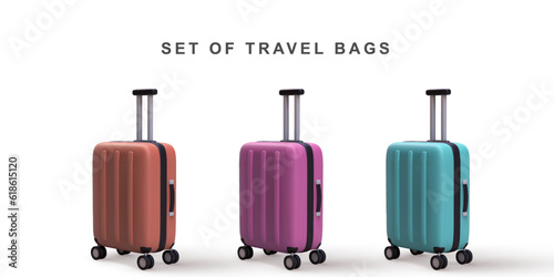 3D set travel trolley bags on white background. Vector illustration.