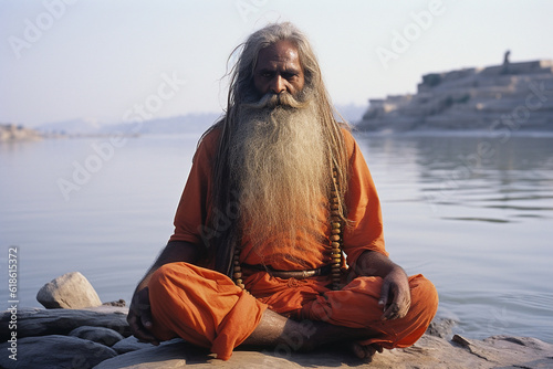 A Sadhu (holy person) meditating by the river Ganges, Indian culture, Indian Generative AI