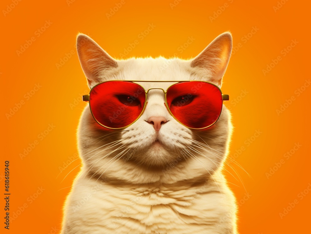 Cat with sunglasses looking at camera on orange background