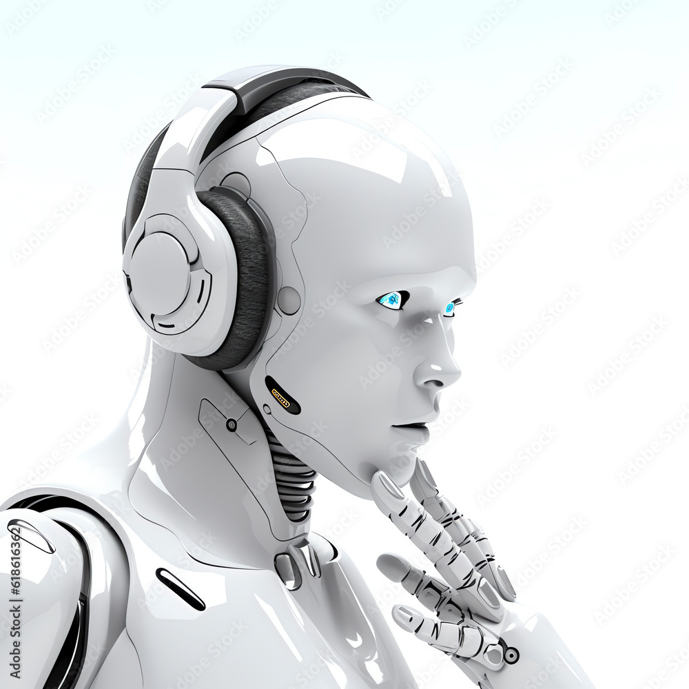 Ein Roboter hört nachdenklich Musik, Generative AI Ein Roboter hört nachdenklich Musik, Generative AI