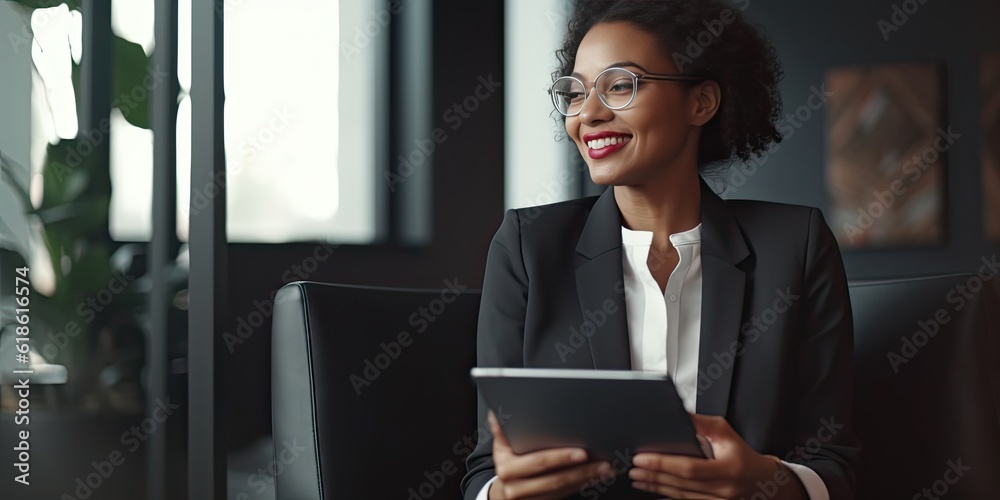 Smiling happy middle-aged BIPOC businesswoman executive CEO in a business suit using a computer to work with a client in an office setting -room for copy text, generative AI 