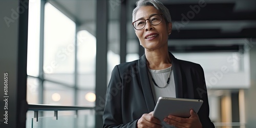 Smiling happy middle-aged BIPOC businesswoman executive CEO in a business suit using a computer to work with a client in an office setting -room for copy text, generative AI 