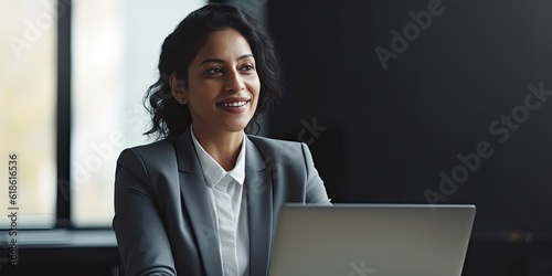 Smiling happy middle-aged BIPOC businesswoman executive CEO in a business suit using a computer to work with a client in an office setting -room for copy text, generative AI 