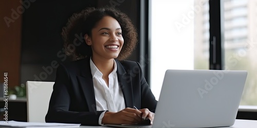Smiling happy middle-aged BIPOC businesswoman executive CEO in a business suit using a computer to work with a client in an office setting -room for copy text, generative AI 