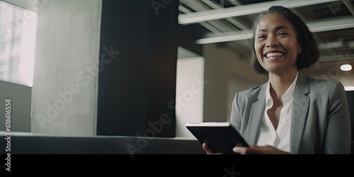 Smiling happy middle-aged BIPOC businesswoman executive CEO in a business suit using a computer to work with a client in an office setting -room for copy text, generative AI 