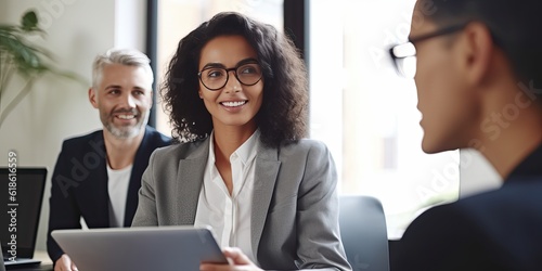 Smiling happy middle-aged BIPOC businesswoman executive CEO in a business suit using a computer to work with a client in an office setting -room for copy text, generative AI 