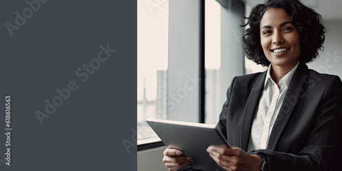 Smiling happy middle-aged BIPOC businesswoman executive CEO in a business suit using a computer to work with a client in an office setting -room for copy text, generative AI 