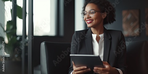 Smiling happy middle-aged BIPOC businesswoman executive CEO in a business suit using a computer to work with a client in an office setting -room for copy text, generative AI 