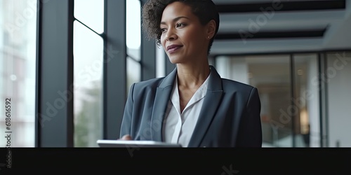 Smiling happy middle-aged BIPOC businesswoman executive CEO in a business suit using a computer to work with a client in an office setting -room for copy text, generative AI 