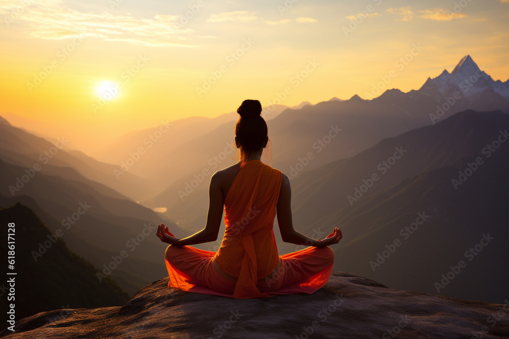 Fototapeta premium A serene yoga session in the backdrop of the Himalayas, Indian culture, Indian Generative AI