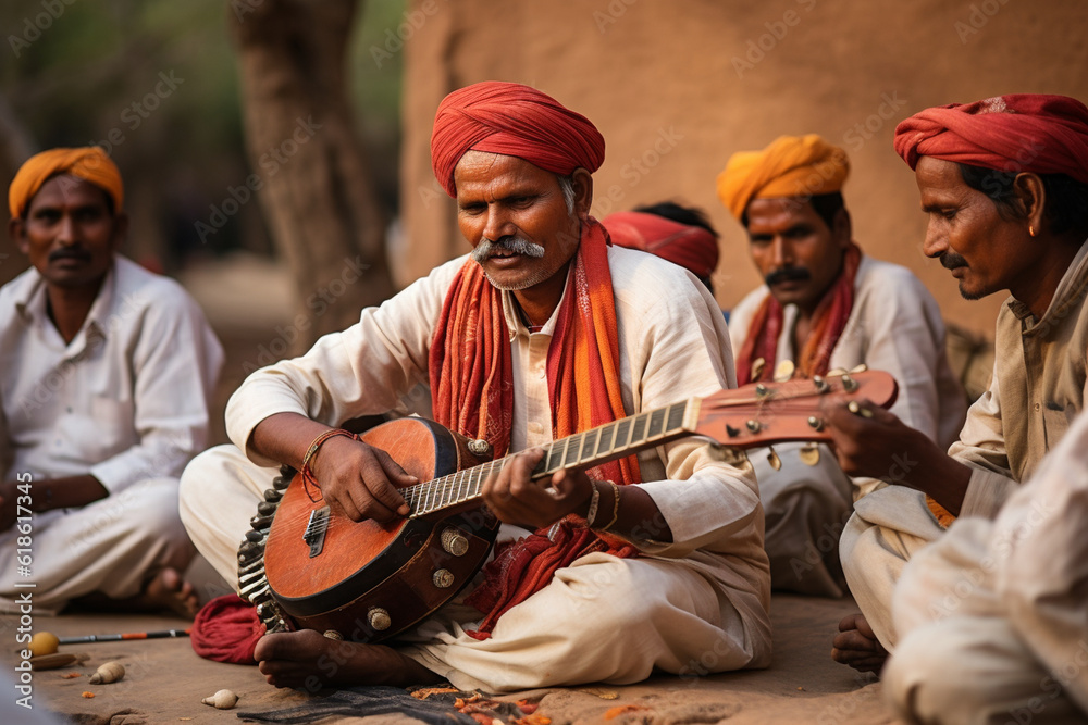 A group of men playing traditional musical instruments during a folk