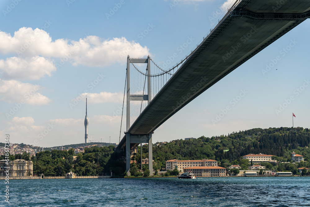 Fototapeta premium Bosphorus Bridge; also called 15 july martyrs bridge or 15 temmuz sehitler koprusu, seen from below. it's a bridge in Istanbul connecting Asian and European side.