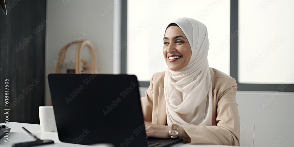 Smiling happy  BIPOC businessman executive CEO in a business suit and Hijab using a computer to work with a client in an office setting -room for copy text, generative AI 

