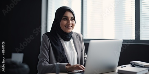 Smiling happy  BIPOC businessman executive CEO in a business suit and Hijab using a computer to work with a client in an office setting -room for copy text, generative AI 

