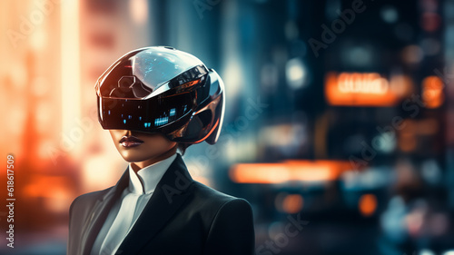 A woman in a formal suit wearing augmented reality glasses against blurry futuristic city. AI generated