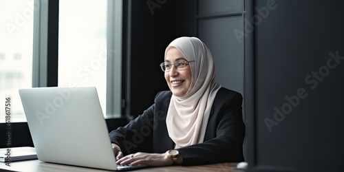 Smiling happy BIPOC businessman executive CEO in a business suit and Hijab using a computer to work with a client in an office setting -room for copy text, generative AI