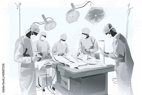 A group of doctors perform an operation in a white room. photo