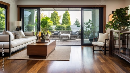 a living room with wood flooring and sliding glass door that leads to the balcony