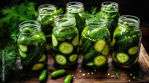 pickled cucumbers in glass jar, Pickling jars with fresh cucumbers on wooden table, flat lay