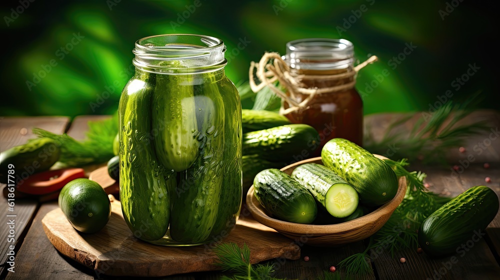 pickled cucumbers in glass jar, Pickling jars with fresh cucumbers on wooden table, flat lay