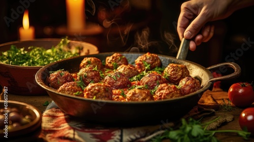 Serving meatballs on the table full of traditional Greek food