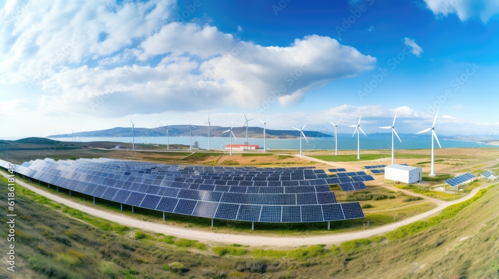 solar power plant, Panorama view of environmentally friendly installation of photovoltaic power plant and wind turbine farm situated by landfill.