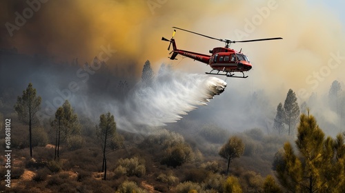 fire in the forest, Eurocopter Firefighter, dropping water in a Forest Fire during Day in Povoa de Lanhoso, Portugal.