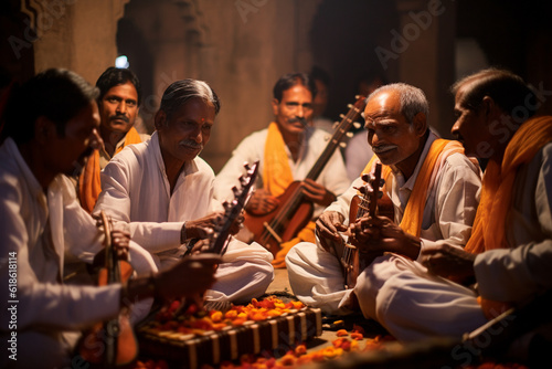 A group of men playing traditional musical instruments during a folk music performance, Indian culture, Indian Generative AI photo