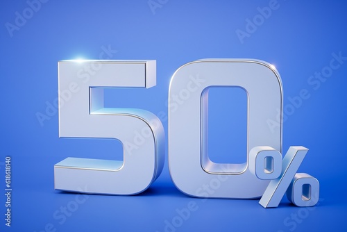 Good discounts on goods. The inscription is 50 percent on a blue background. 3D render