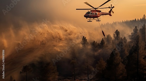 fire in the forest, Eurocopter Firefighter, dropping water in a Forest Fire during Day in Povoa de Lanhoso, Portugal.