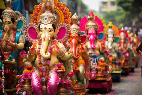 A colorful procession of decorated idols during Ganesh Chaturthi, Indian culture, Indian Generative AI