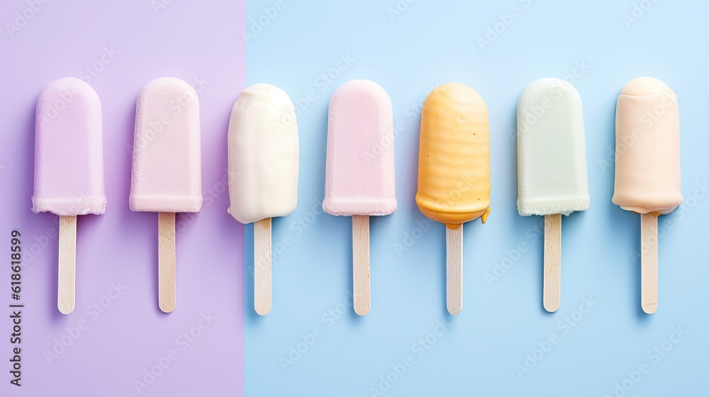 pink and white white chocolate ice cream on a stick pastel background