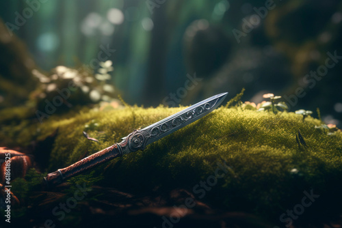 Royal sword in the forest. Generative AI