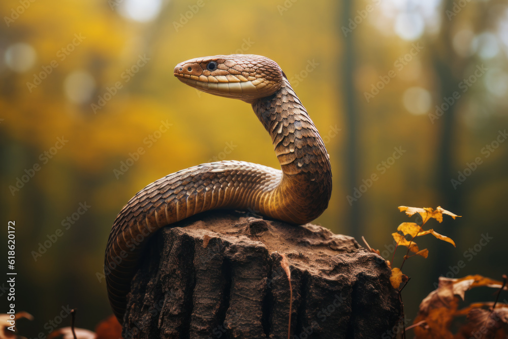 Fototapeta premium The king cobra on a tree stomp. Generative AI