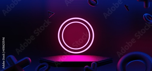 futuristic gaming esports background abstract wallpaper  cyberpunk style scifi game  stage concert scene in pedestal display room  led neon glow light  3d illustration rendering