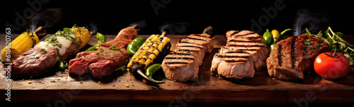 Various types of juici meats on the wooden, generative ai photo