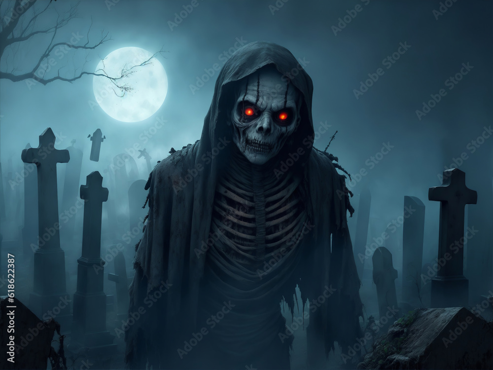 A decrepit, undead mummy stalks through a fog-filled cemetery. Halloween theme. Digital painting illustration created with Generative AI technology. A decrepit, undead mummy stalks through a fog-filled cemetery. Halloween theme. Digital painting illustration created with Generative AI technology.