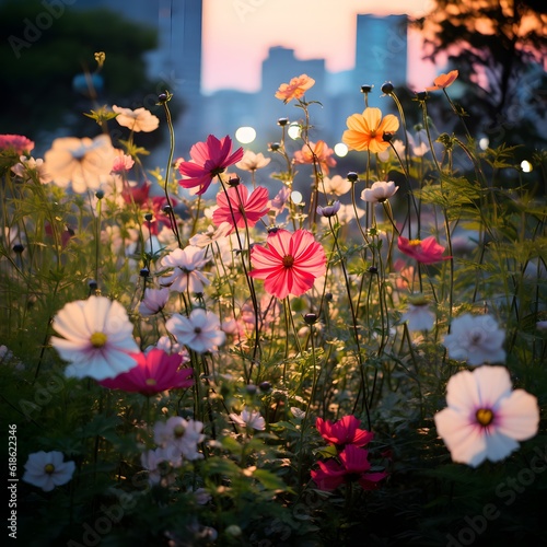 An ethereal composition capturing the interplay of flowers and the evening sky along the riverbank  as nature s colors blend harmoniously  creating a captivating scene in the fading light.