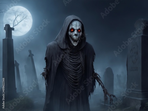 A decrepit, undead mummy stalks through a fog-filled cemetery. Halloween theme. Digital painting illustration created with Generative AI technology.