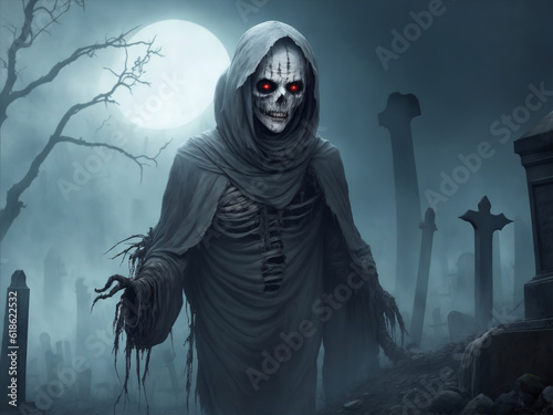 A decrepit, undead mummy stalks through a fog-filled cemetery. Halloween theme. Digital painting illustration created with Generative AI technology.