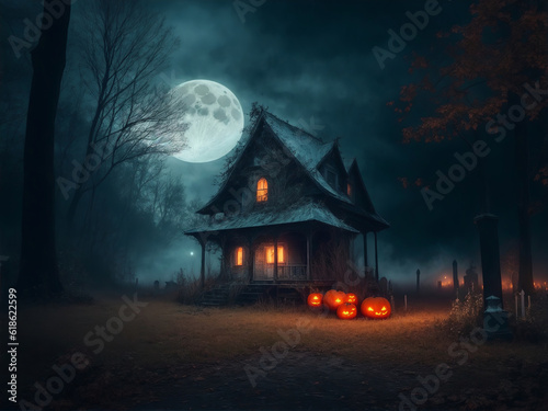 Halloween spooky background, scary pumpkins scene. Scary house in creepy forest with fog and lights. Happy Halloween theme. Digital painting illustration created with Generative AI technology.