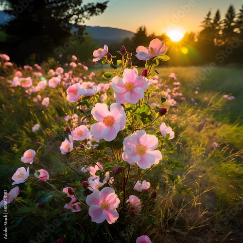 An ethereal composition capturing the interplay of flowers and the evening sky along the riverbank  as nature s colors blend harmoniously  creating a captivating scene in the fading light.