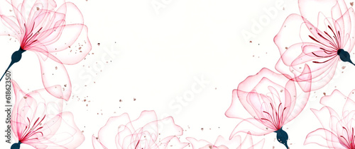 Luxury art background with transparent rose flowers with gold glitter. Botanical vector banner for decoration design, print, textile, wallpaper, interior design, poster.