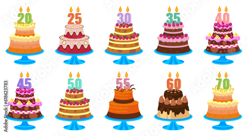 Set of cakes in cartoon style with candles 