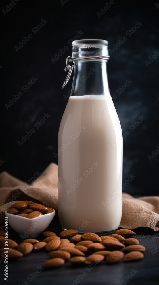 Vegan lactose free almond milk in glass bottle with almonds. Vegan lactose free almond milk in glass bottle with almonds.