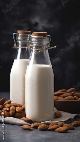 Vegan lactose free almond milk in glass bottle with almonds. 