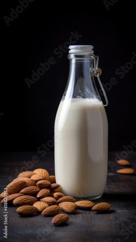 Vegan lactose free almond milk in glass bottle with almonds. 