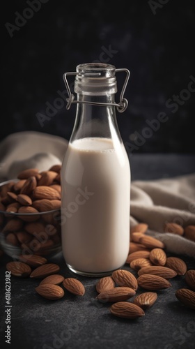 Vegan lactose free almond milk in glass bottle with almonds. 