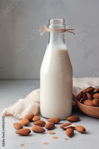 Vegan lactose free almond milk in glass bottle with almonds. 